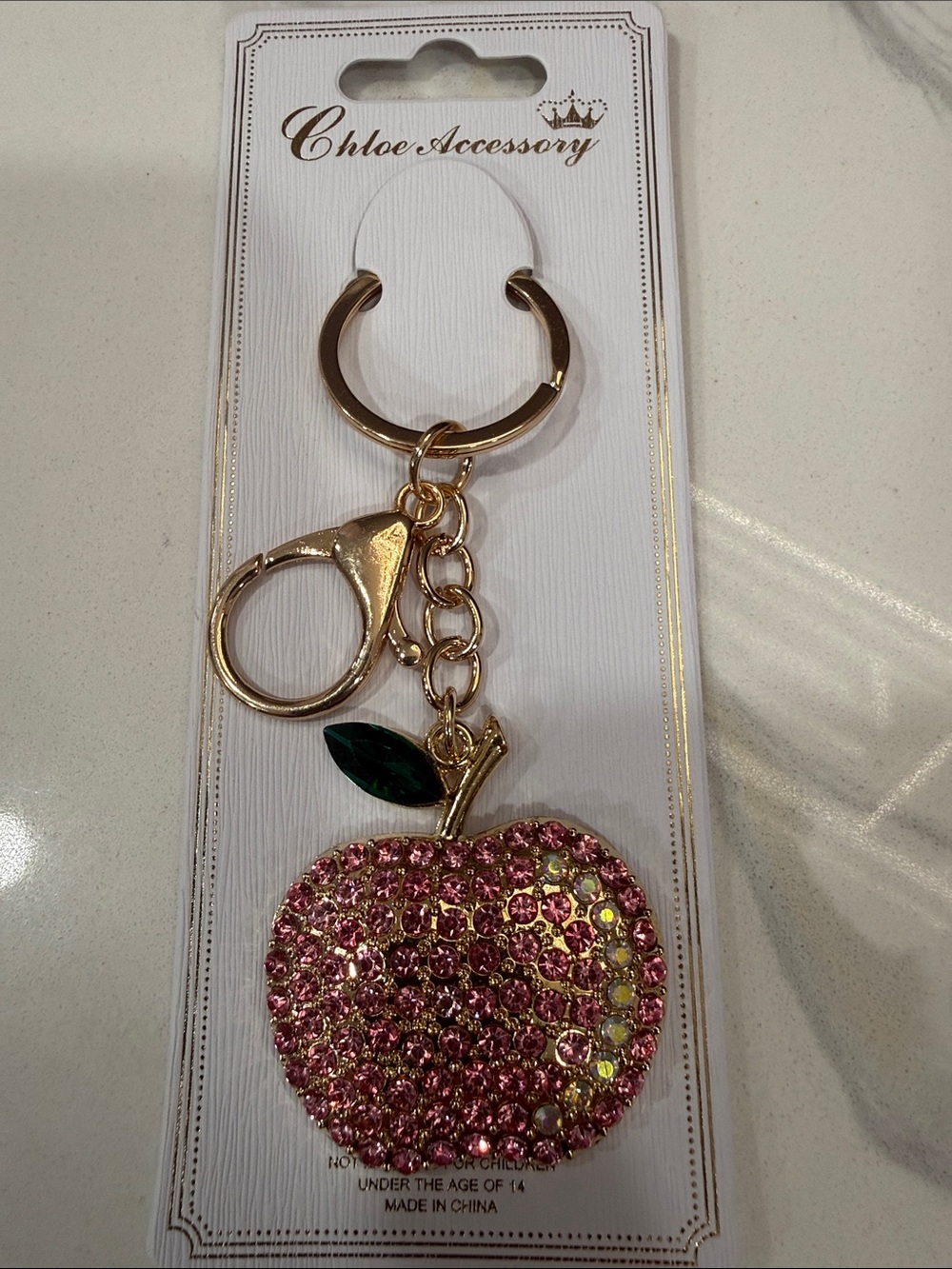 Apple Gold Keychain charm with Pink Crystal  New